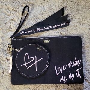 Victoria's Secret Black Canvas Wristlet with Pink Script Hearts